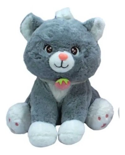 Peluche Gato Con Collar De Fresa 32cm - Diseño Adorable Gris