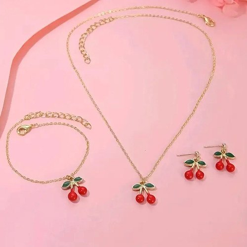 D_878630-MCO83948553867_042025-O.jpg Collar Cadena Mujer Cereza + Aretes Y Pulsera Set 3 Piezas