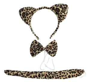 D_904156-MCO92210486826_092025-O.jpg Set Disfraz De Leopardo Animal Print Diadema, Moño Y Cola Caqui
