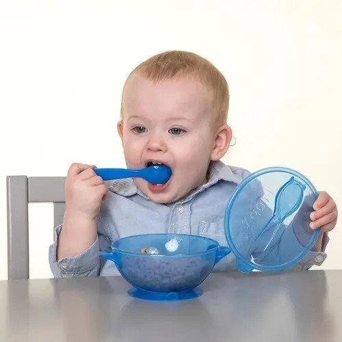 Porta Comida Bebé Azul  Plato Tapa Cuchara Nuby Bol Azul Liso