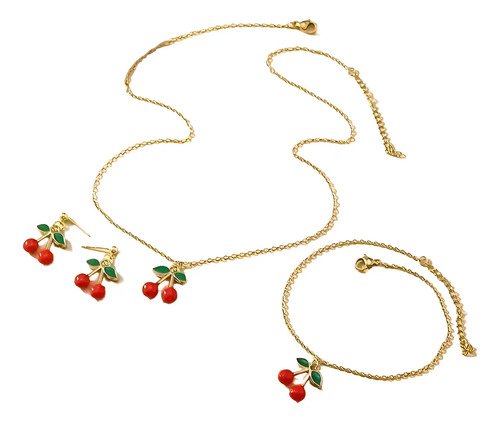 D_920264-MCO83655945310_042025-O.jpg Collar Cadena Mujer Cereza + Aretes Y Pulsera Set 3 Piezas