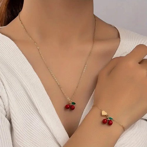 Set Manilla Y Collar Cereza De Joyería Regalo Perfecto Rojo