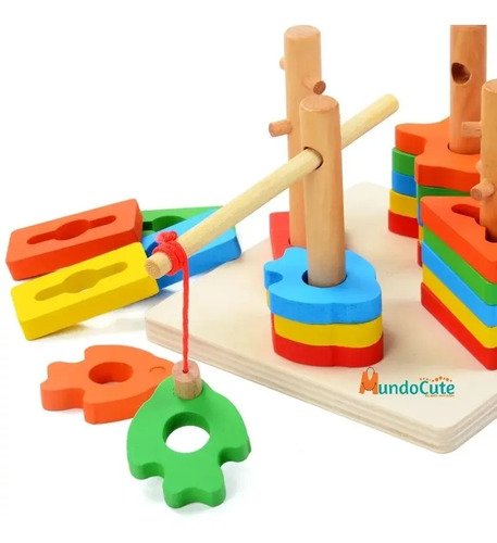 Juego Torres Madera Insertar Figuras Geométricas Montessori Multicolor