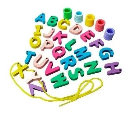 Juego Enhebrar Madera Fichas Abecedario Números Montessori
