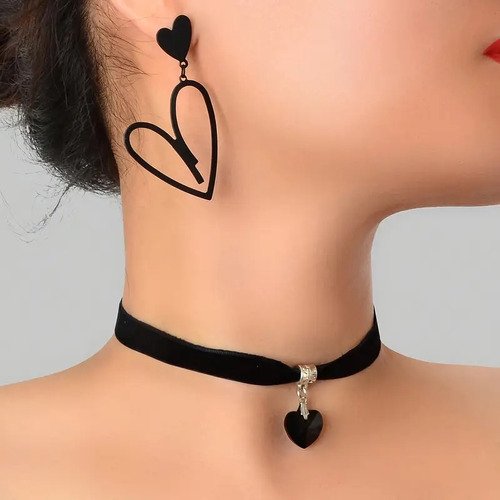 Set Joyas Chocker Y Aretes Corazon Negros Joyas Mujer Dark Negro