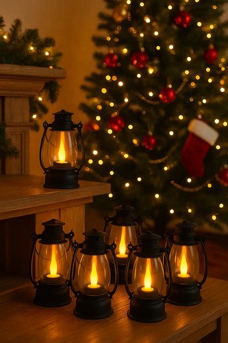 Set De 6 Faroles Navideños Decorativos - Farolito Linterna Caqui Baterias