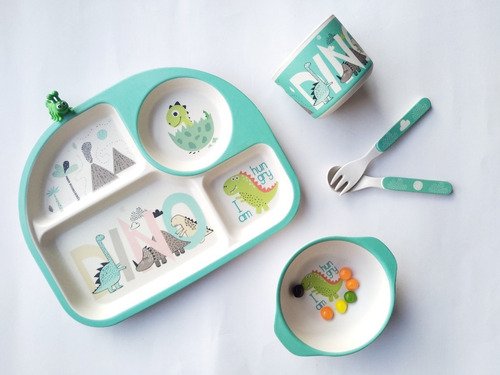 Set Vajilla Fibra Bambú Plato Comida Bebes Niños Maneaje