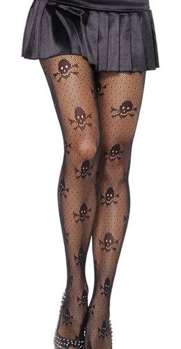 2 Pantimedias Medias Largas Calavera Malla Mujer Negro Única