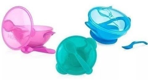 Porta Comida Bebé Azul Claro Plato Tapa Cuchara Nuby Bol Azul Claro