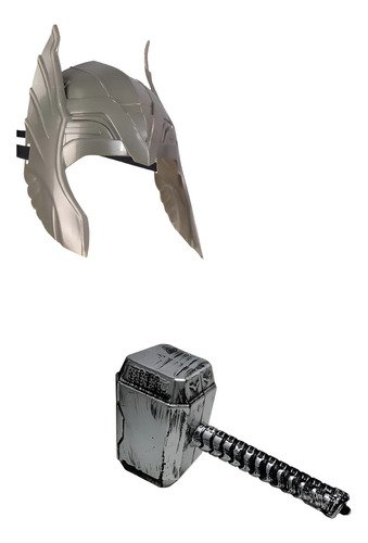 Kit Thor: Martillo + Máscara - Accesorios Disfraz Superhéroe Plateado Avengers