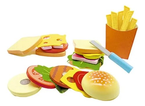 Set Comida Rápida Hamburguesas Juego Madera Roles Cocina