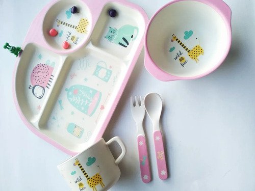 Set Vajilla Fibra Bambú Plato Comida Bebes Niños Maneaje