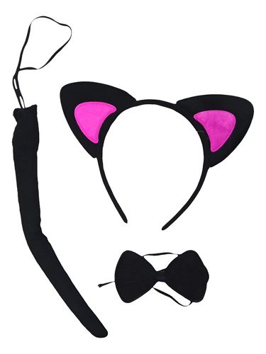 Disfraz Orejas De Gato Kit 3 Cute Accesorios Negro