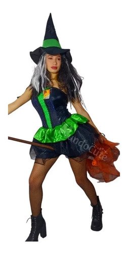 Disfraz Bruja Mujer Verde Mujer Completo Con Sombrero