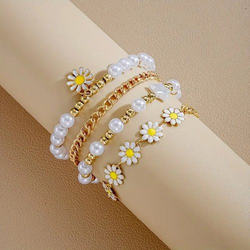 D_998145-MCO84402465859_052025-O.jpg Conjunto De Pulseras Con Colgante De Margarita Joyas Blanco