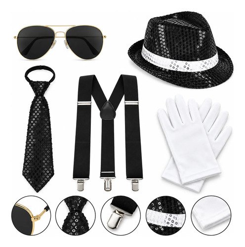 D_621727-MCO117779086239_092026-O.jpg Kit Disfraz Michael Jackson Sombrero Corbata Lentejuelas Negro Única