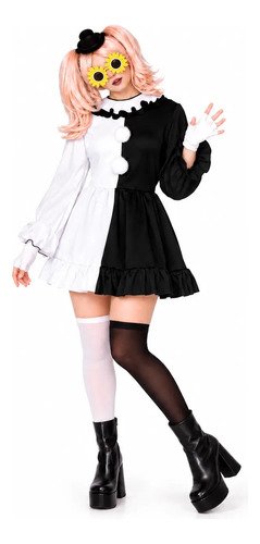 Disfraz de payasa Pierrot para mujer – vestido blanco y negro con accesorios
