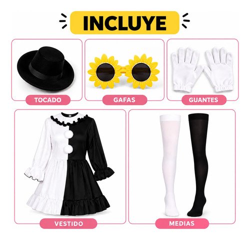 D_677315-MCO118128858351_092026-O.jpg Disfraz de payasa Pierrot para mujer – vestido blanco y negro con accesorios