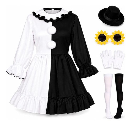 D_787324-MCO118128858315_092026-O.jpg Disfraz de payasa Pierrot para mujer – vestido blanco y negro con accesorios