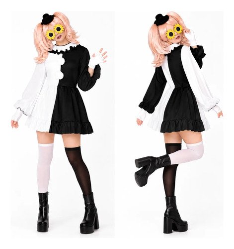 D_895636-MCO116617218550_092026-O.jpg Disfraz de payasa Pierrot para mujer – vestido blanco y negro con accesorios