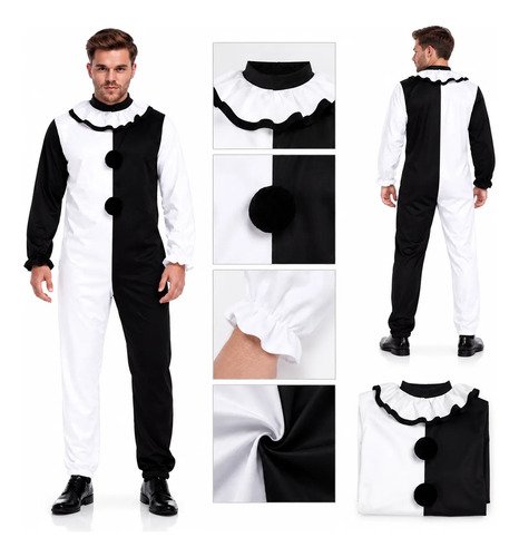 Disfraz de payaso Terrifier / Pierrot para hombre – enterizo blanco y negro
